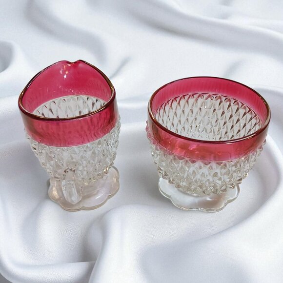 Vintage Indiana Glass Ruby Diamond Point Creamer & Sugar Set – Mid Century - Picture 4 of 11